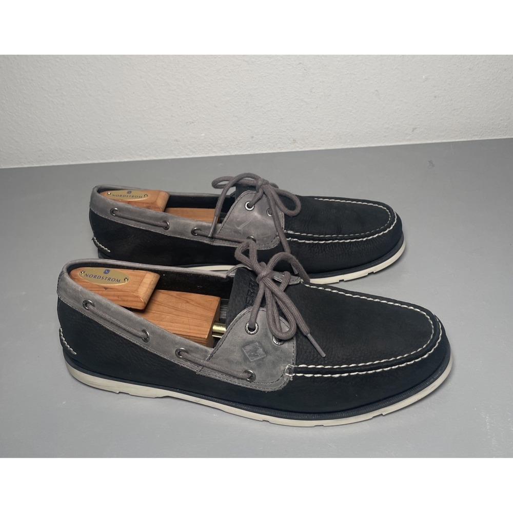 Sperry Top-Sider Men's Black Gray Leather 2-Eye Boat Shoes Loafers Size 13